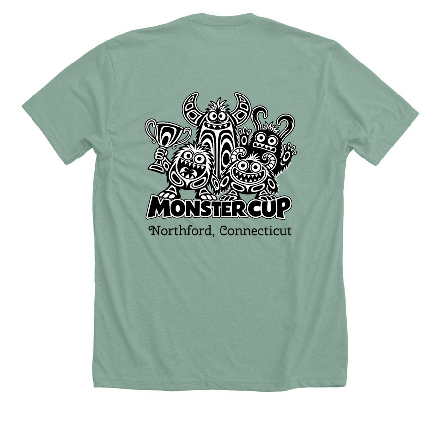 The Monster Cup, a Heather Dusty Blue Premium Unisex Tee (back-view)