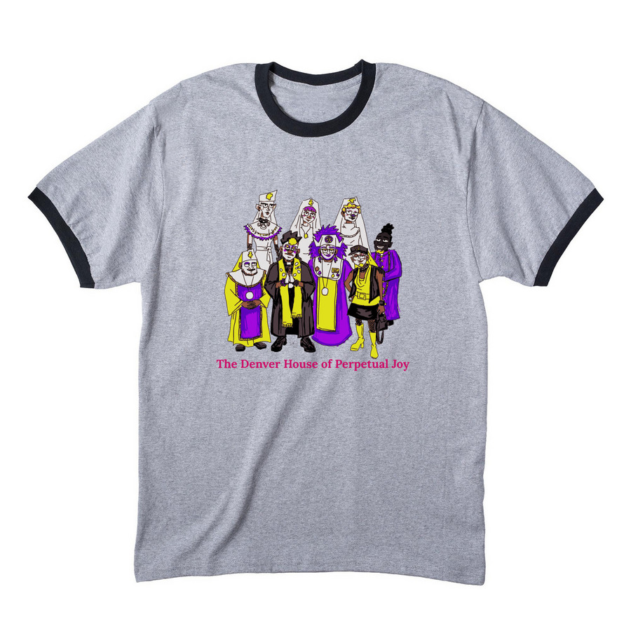 The Denver House of Perpetual Joy, a Athletic Heather/ Jet Black Cotton Ringer Tee