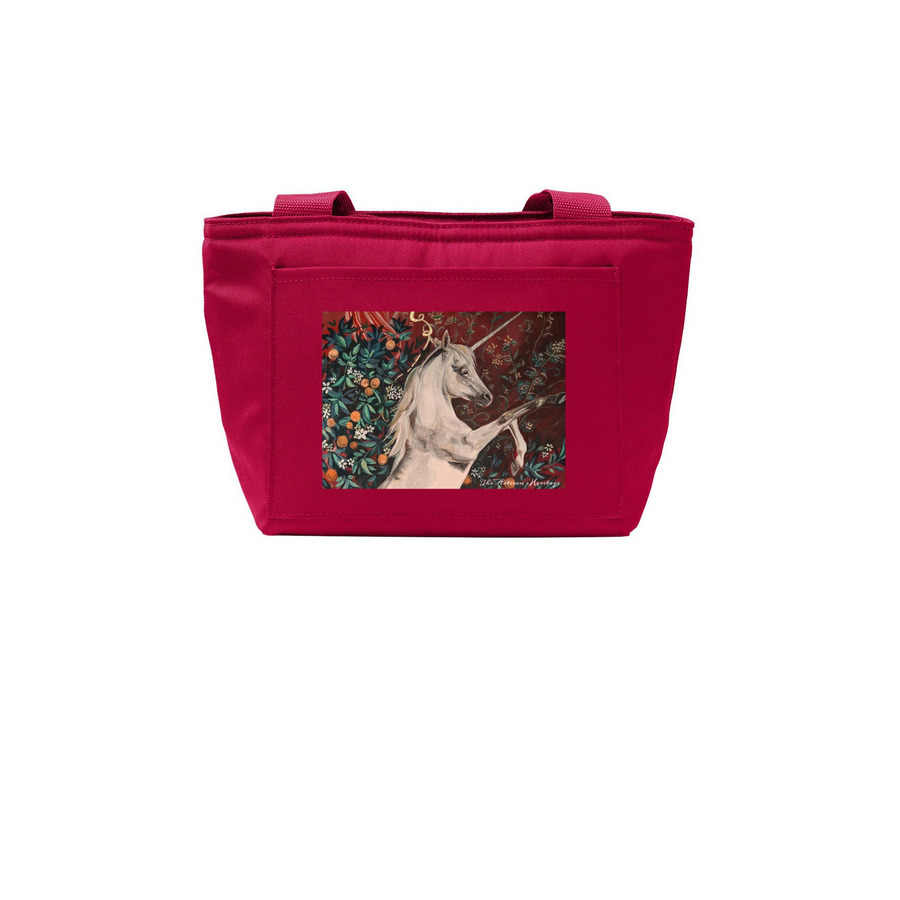"The Weaving of Wisdom and Dance" UnicornTote, a Rich Red Insulated Lunch Tote