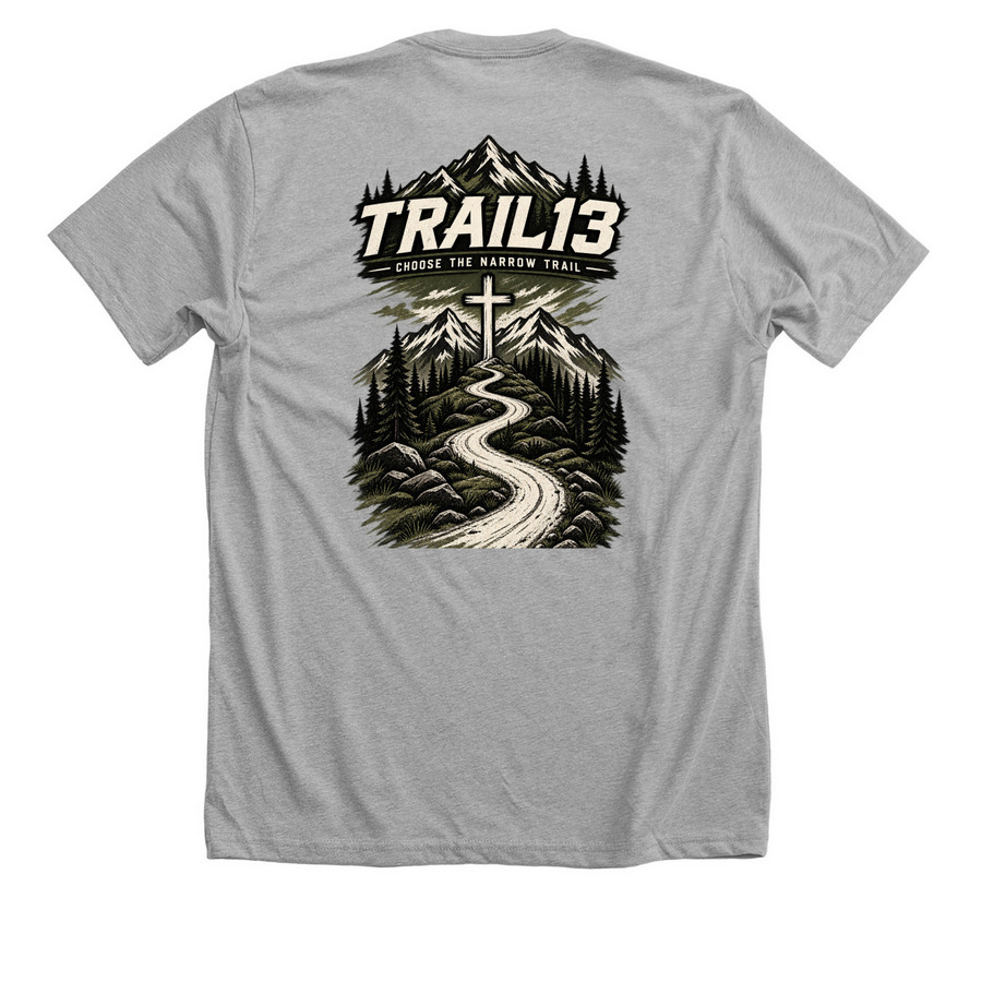 Premium Christian design the narrow trail., a Athletic Heather Premium Unisex Tee (back-view)