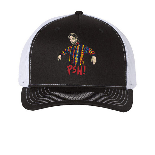 PSH! Hat, a Black/ White Printed Five-Panel Trucker Cap