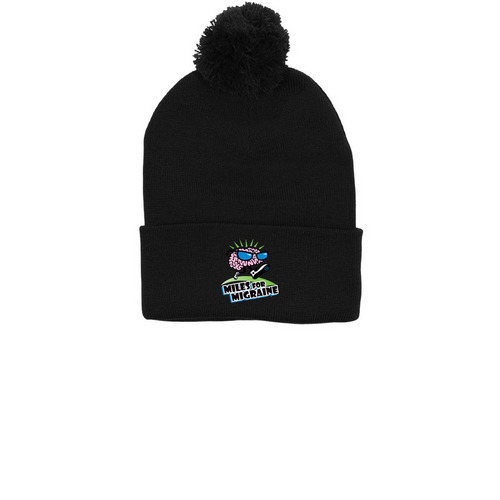 Miles for Migraine Pom-Pom Beanie&nbsp;, a Black Printed Pom-Pom Beanie