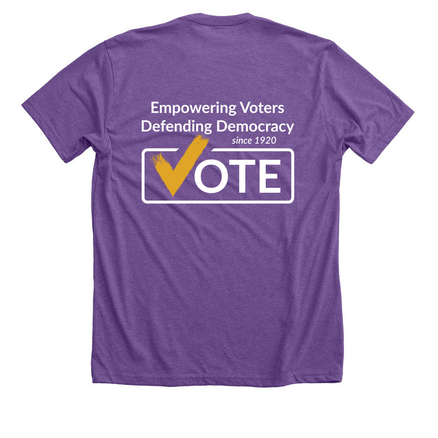 LWVLA - Defending Democracy (checkmark), a Heather Team Purple Premium Unisex Tee (back-view)