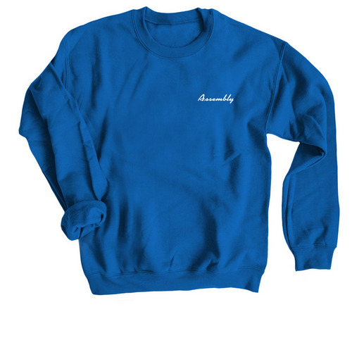 Assembly Sport White, a Royal Blue Crewneck Sweatshirt