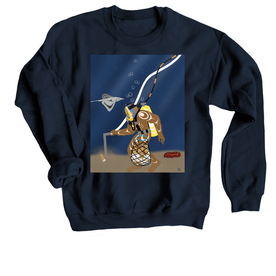 Bigfoot harvests geoducks, a Navy Crewneck Sweatshirt