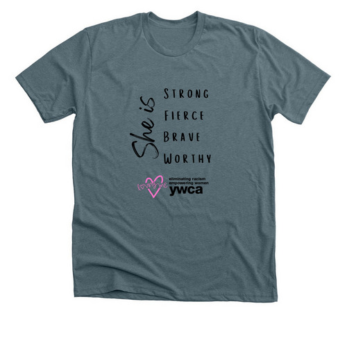 YWCA Evansville - She Is, a Heather Slate Premium Unisex Tee