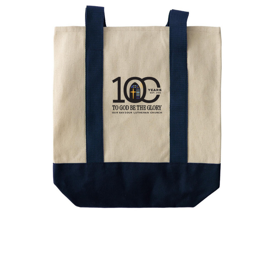 '100 Years' Centennial Tote Bag, a Natural/Navy Two-Tone Grocery Tote Bag (back-view)