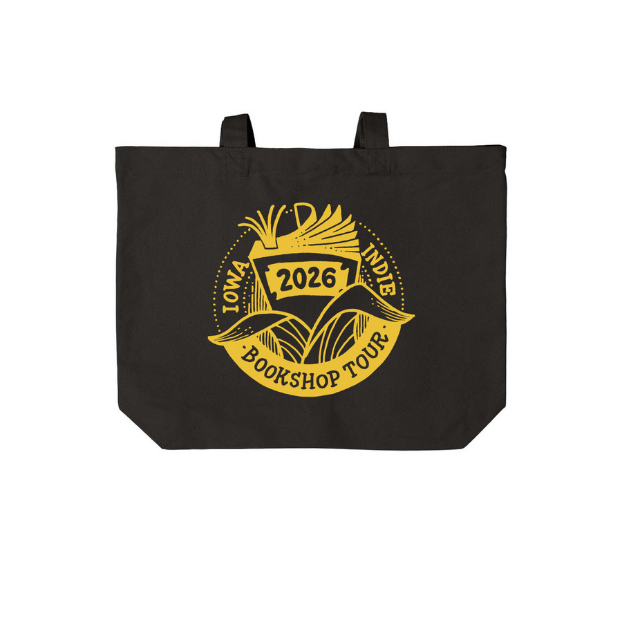 Iowa Indie Bookshop Tour '26 Yellow Stamp, a Deep Black Cotton Canvas Tote Bag