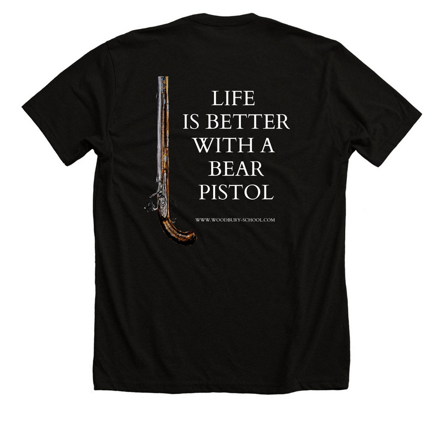 LIFE IS BETTER WITH A BEAR PISTOL, a Solid Black Blend Premium Unisex Tee (back-view)