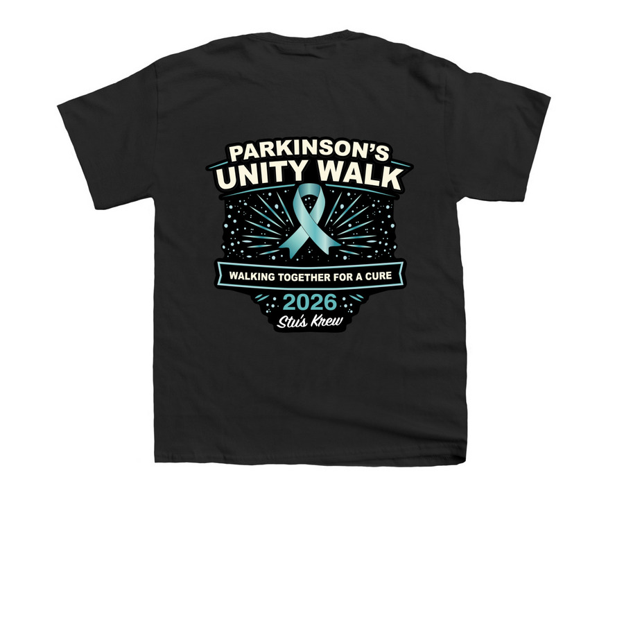Stu's Krew Parkinson's Unity Walk 2026 TShirt, a Black Youth Unisex Tee (back-view)
