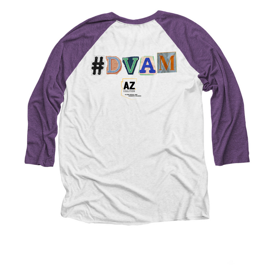 Domestic Violence Awareness Month, a Purple Rush and Heather White 3/4 Sleeve Baseball Tee (back-view)