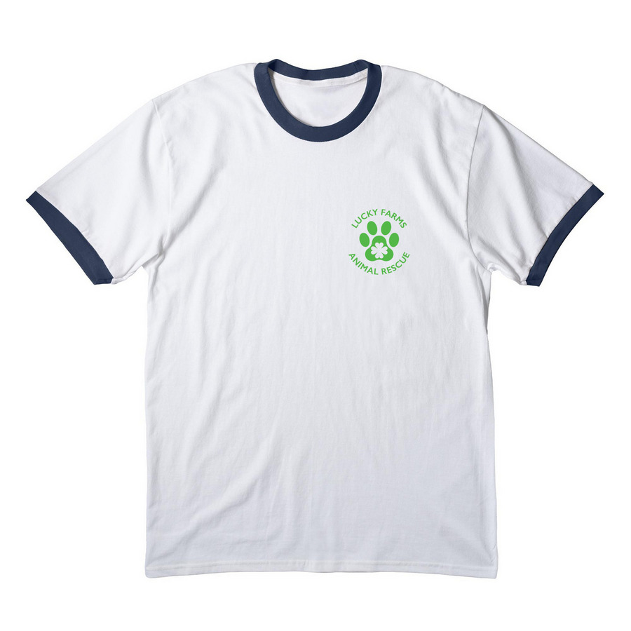 LFAR green logo, a White/ Navy Cotton Ringer Tee