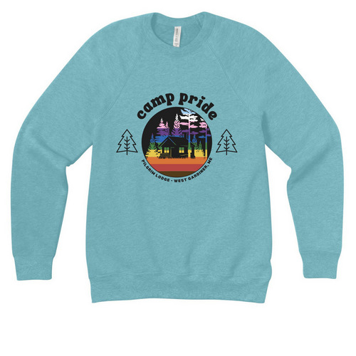 Camp Pride Counselors 2026, a Heather Blue Lagoon Premium Raglan Crewneck Sweatshirt