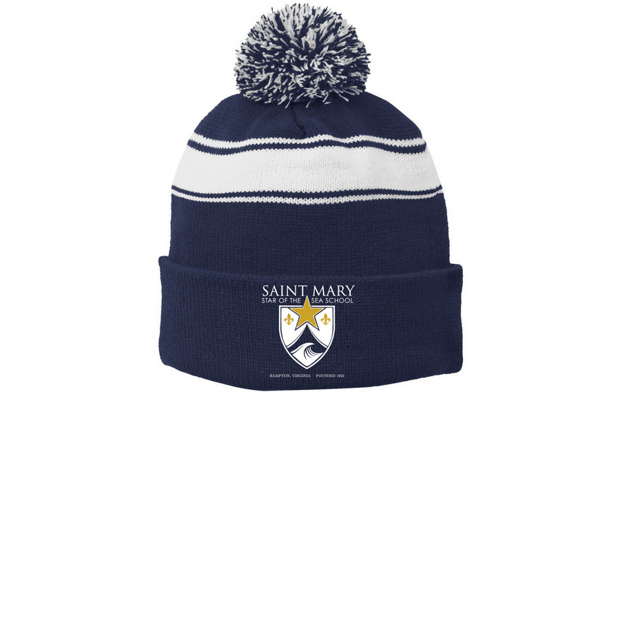 Beanies, a True Navy/ White Printed Stripe Pom-Pom Beanie