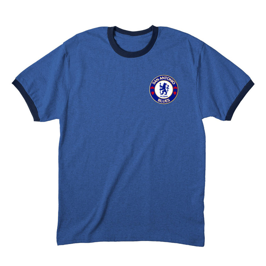 San Antonio Blues badge, a Heather Royal/ Navy Cotton Ringer Tee