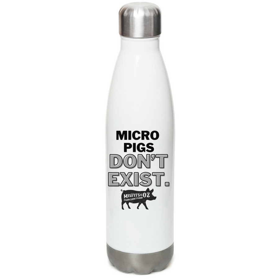 Micro Pigs Don't Exist Water Bottle, a White Stainless Steel Water Bottle (back-view)