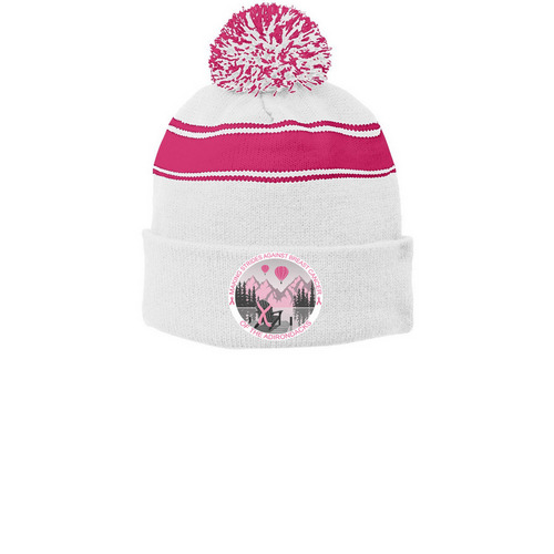 ADK 2026 Hats, a White/ Pink Raspberry Printed Stripe Pom-Pom Beanie