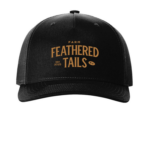 Feathered Tails Farm - Hat, a Black Printed Five-Panel Trucker Cap