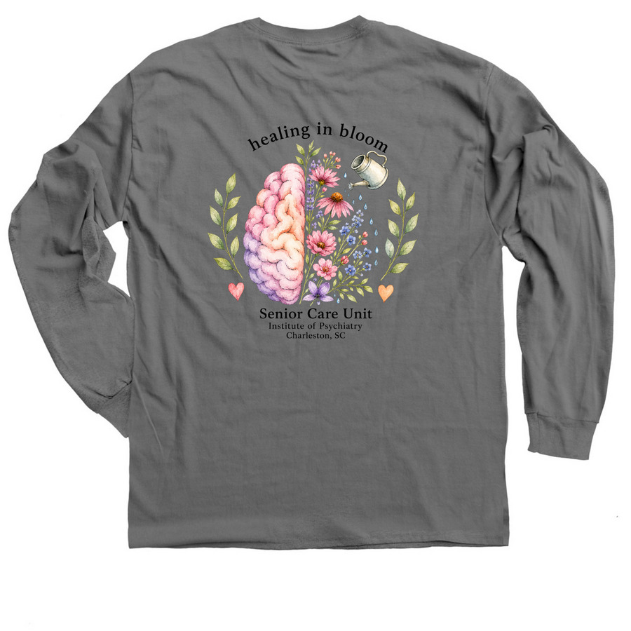 Healing in Bloom, a Charcoal Classic Long Sleeve Tee (back-view)