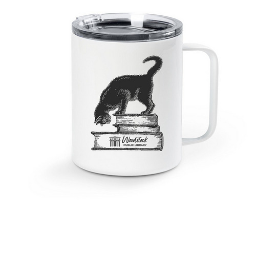 Library Cat Travel Mug, a White Stainless Steel Travel Mug