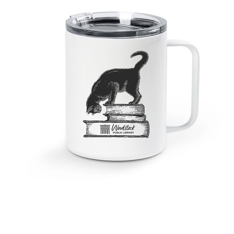 Library Cat Travel Mug, a White Stainless Steel Travel Mug