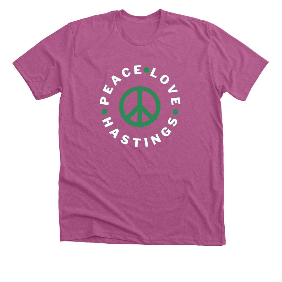 Peace ? Love ? Hastings, a Heather Magenta Premium Unisex Tee