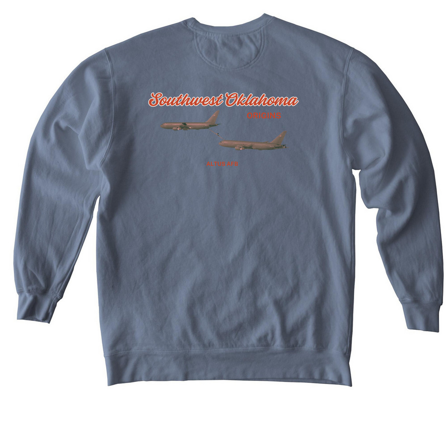 Southwest Oklahoma Origins, a Blue Jean Comfort Colors Crewneck Sweatshirt (back-view)
