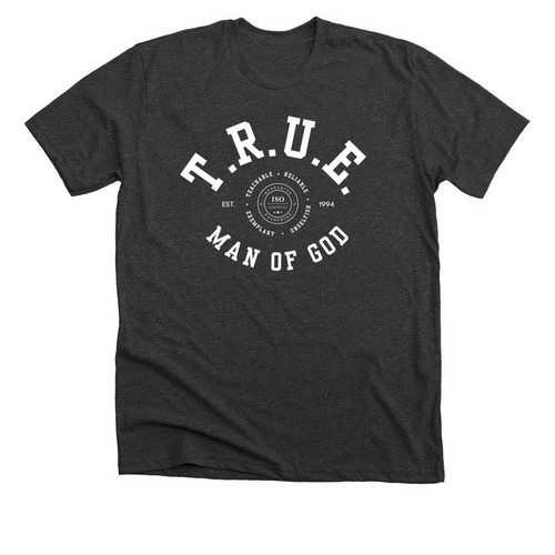 T.R.U.E Man of God 2025, a Dark Grey Heather Premium Unisex Tee