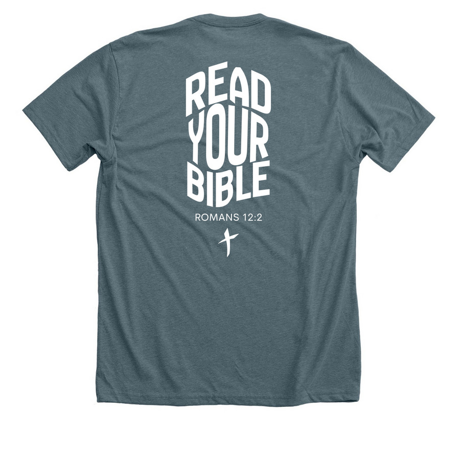 READ YOUR BIBLE shirts, a Heather Slate Premium Unisex Tee (back-view)