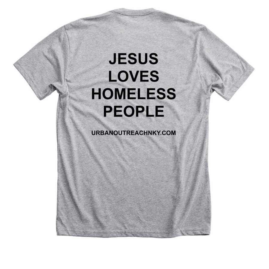 Urban Outreach Black Logo/Jesus Loves On Back, a Athletic Heather Premium Unisex Tee (back-view)
