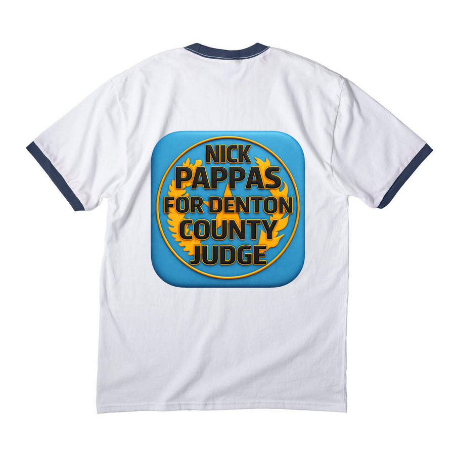 Pappas For Denton campaign shirts, a White/ Navy Cotton Ringer Tee (back-view)