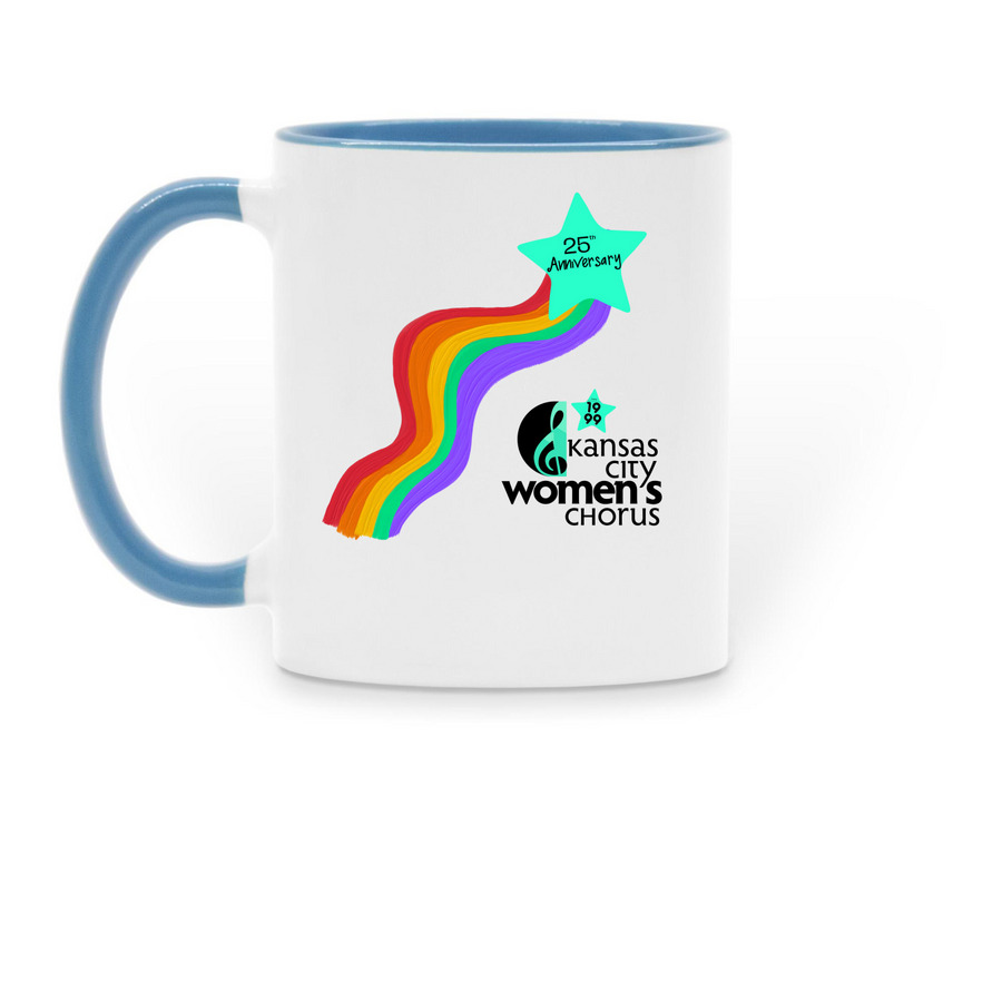 25th Anniversary Mugs, a Light Blue Two-Tone Ceramic Mug (back-view)