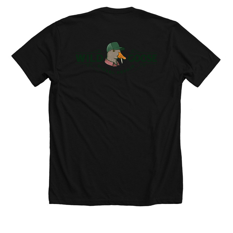 Green "Wild Goose Repair" Design, a Solid Black Blend Premium Unisex Tee (back-view)
