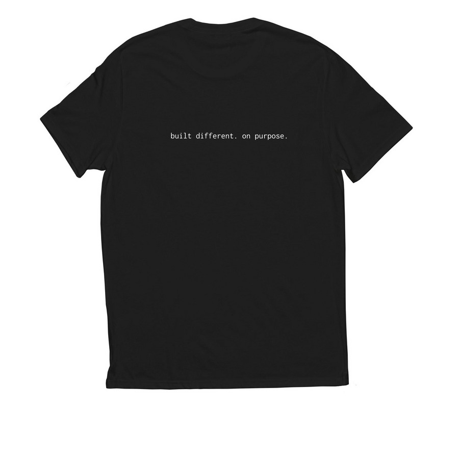 built different. on purpose., a Deep Black Allmade Eco Triblend Unisex Tee (back-view)