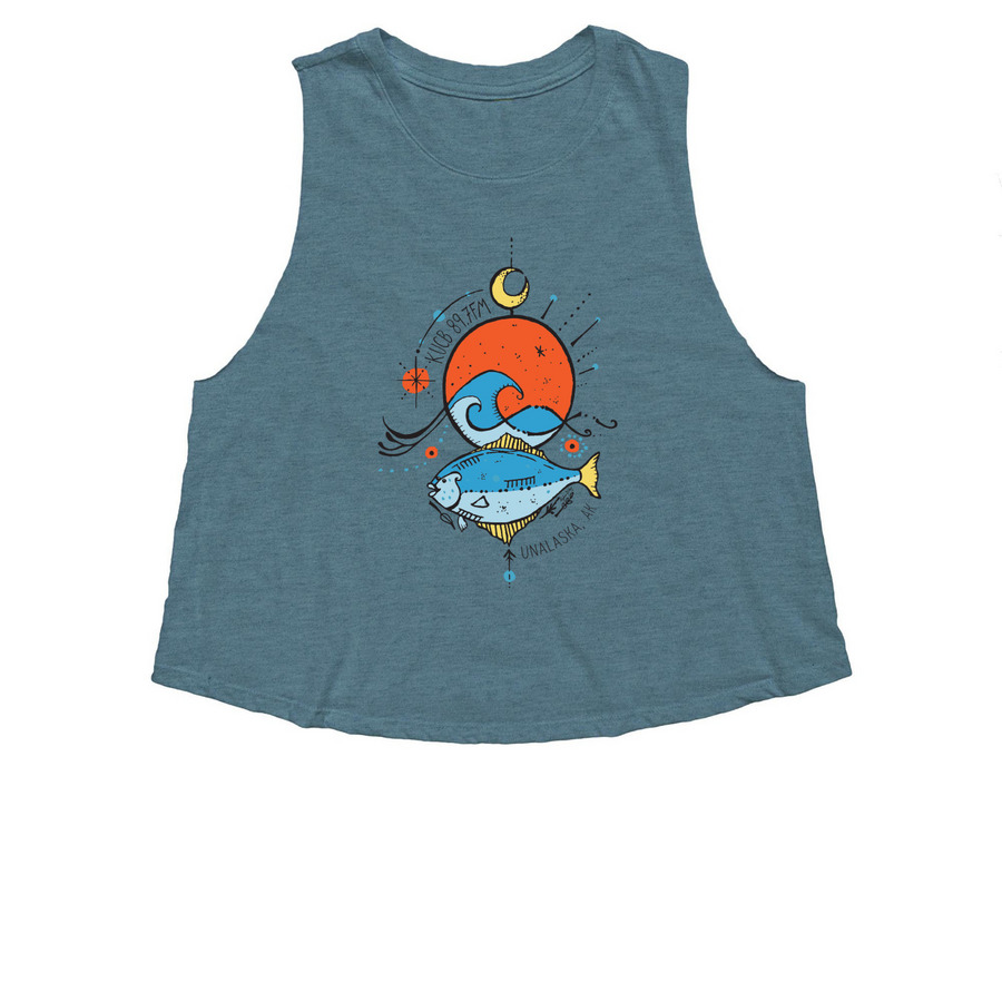 Halibut Moon by Lydia Dirks, a Heather Deep Teal Women's Cropped Racerback Tank
