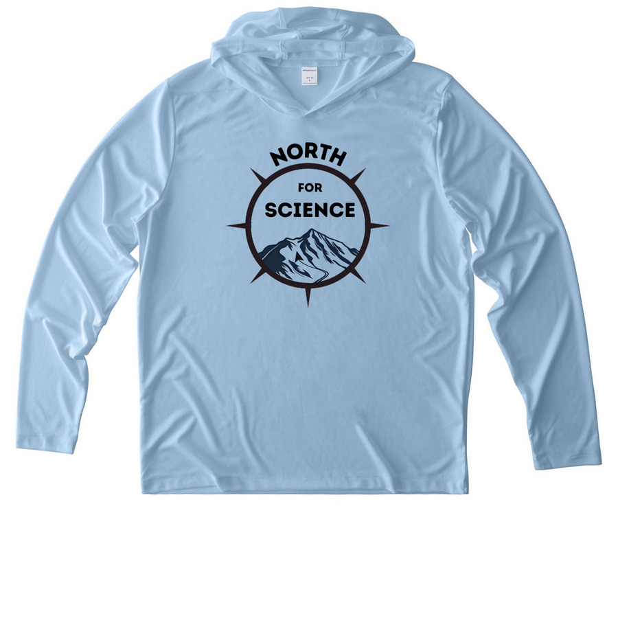 North For Science Logo Items, a Light Blue UV Performance Long Sleeve Hoodie