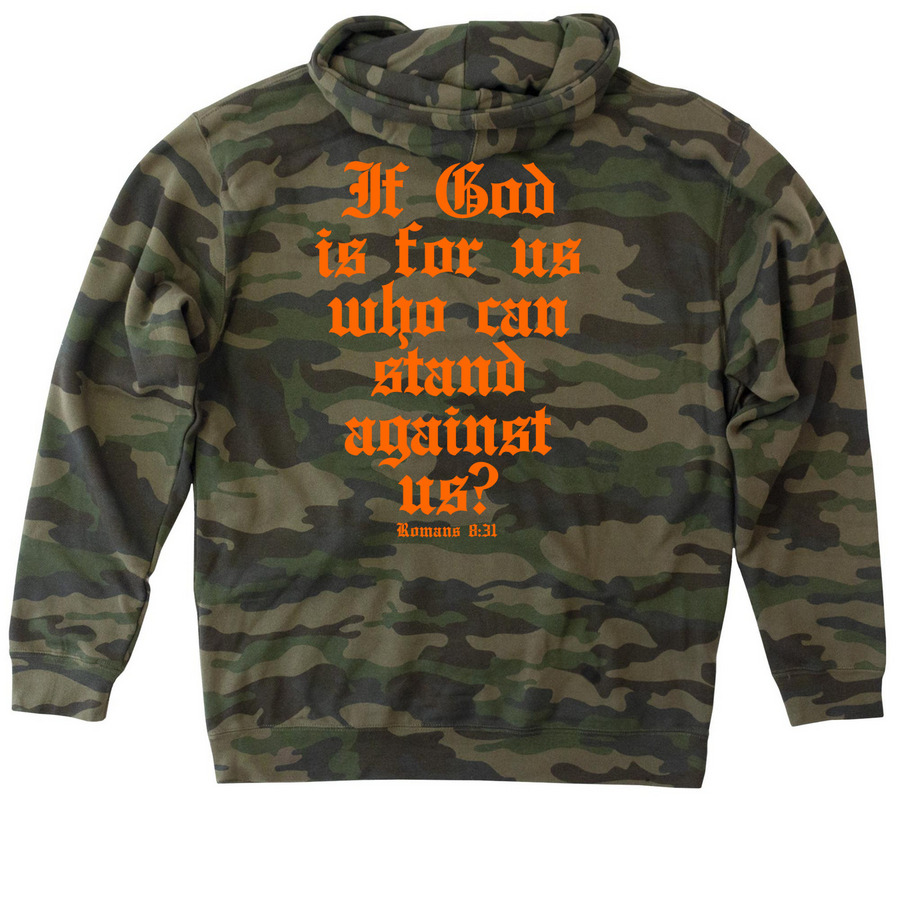 God is For Us, a Forest Camo Heavyweight Camo Pullover Hoodie (back-view)