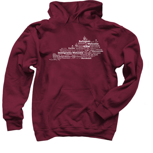 Refugees & Immigrants Welcome, a Maroon Pullover Hoodie