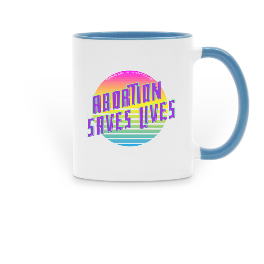 Mugs! Retro Abortion Saves Lives, a Light Blue Two-Tone Ceramic Mug
