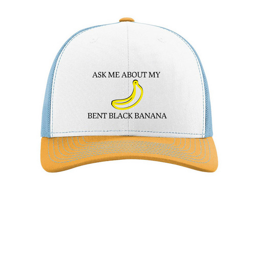The Bent Black Banana Hat, a White/ Columbia Blue/ Yellow Printed Snapback Trucker Cap