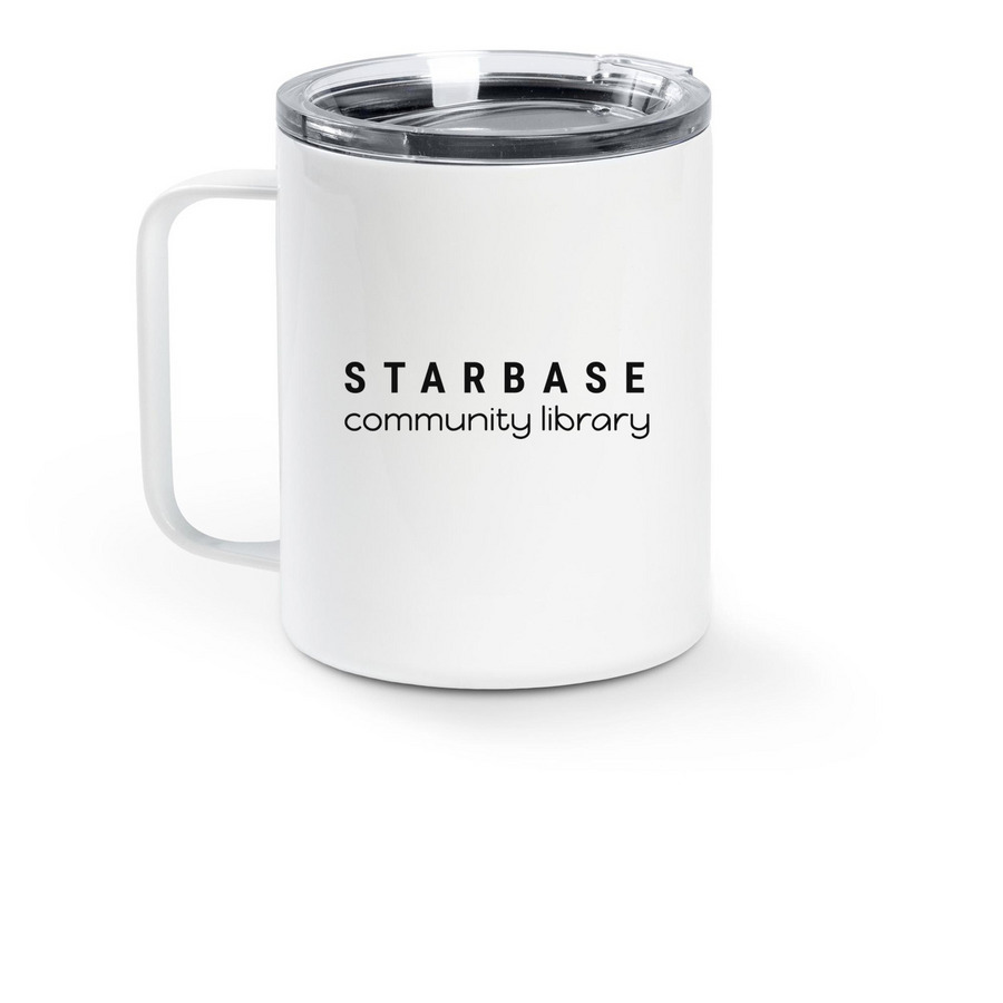 Traveler Mug, a White Stainless Steel Travel Mug (back-view)