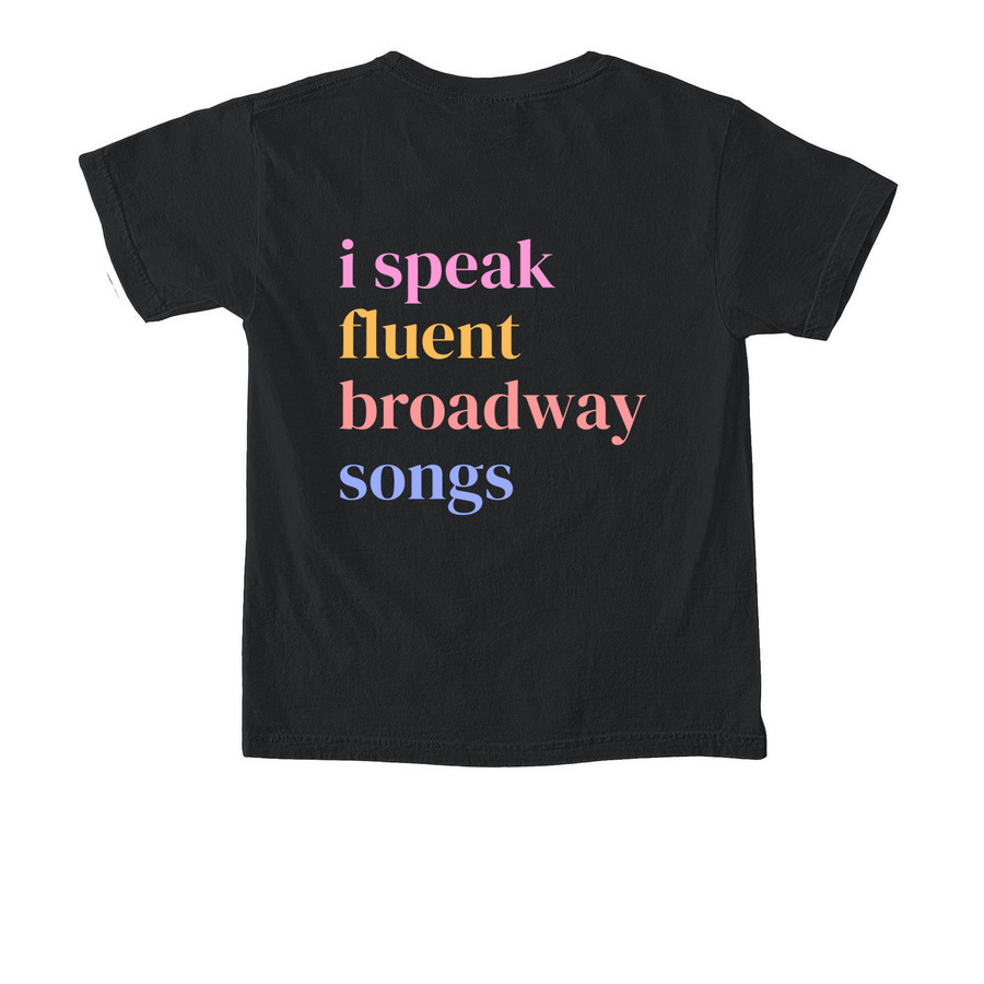 POA - Broadway Songs, a Black Comfort Colors Youth Tee (back-view)