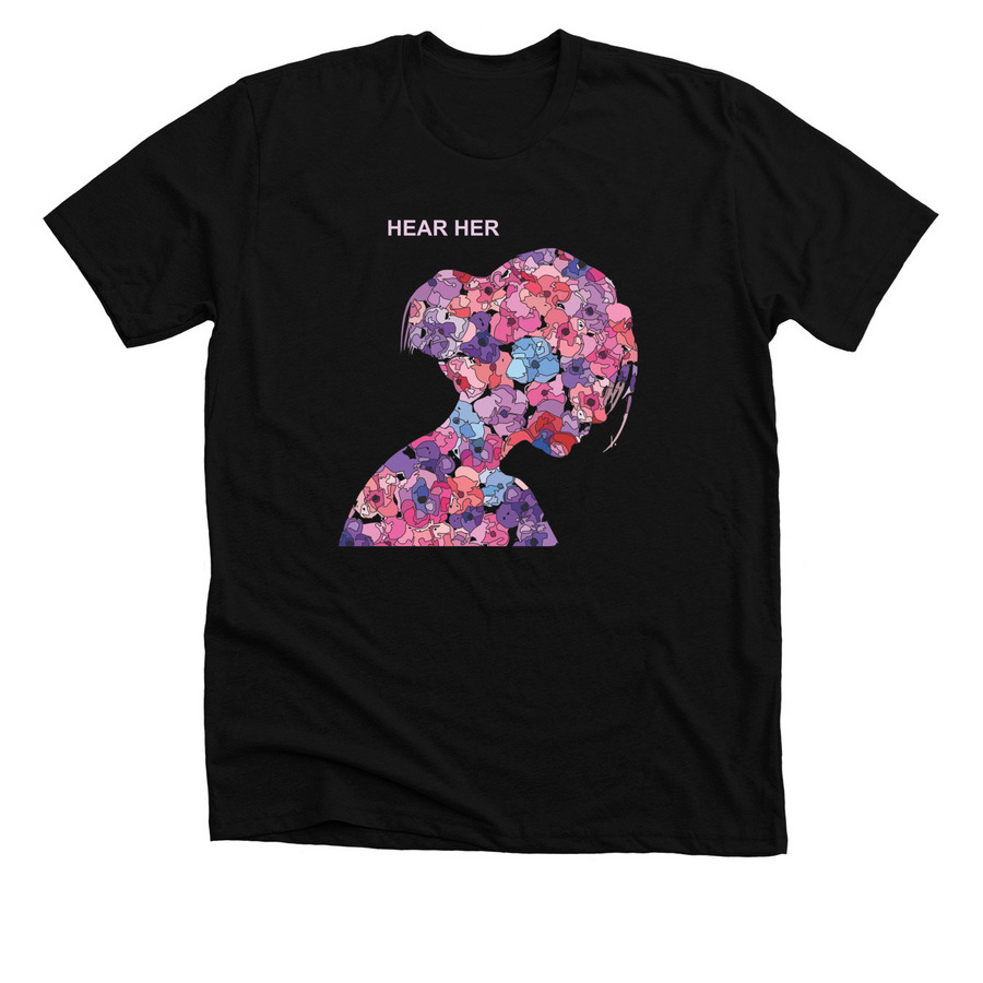 Hear Her (dark apparel colors), a Solid Black Blend Premium Unisex Tee