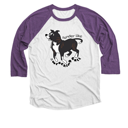 Wrecking Ball (brindle), a Purple Rush and Heather White 3/4 Sleeve Baseball Tee