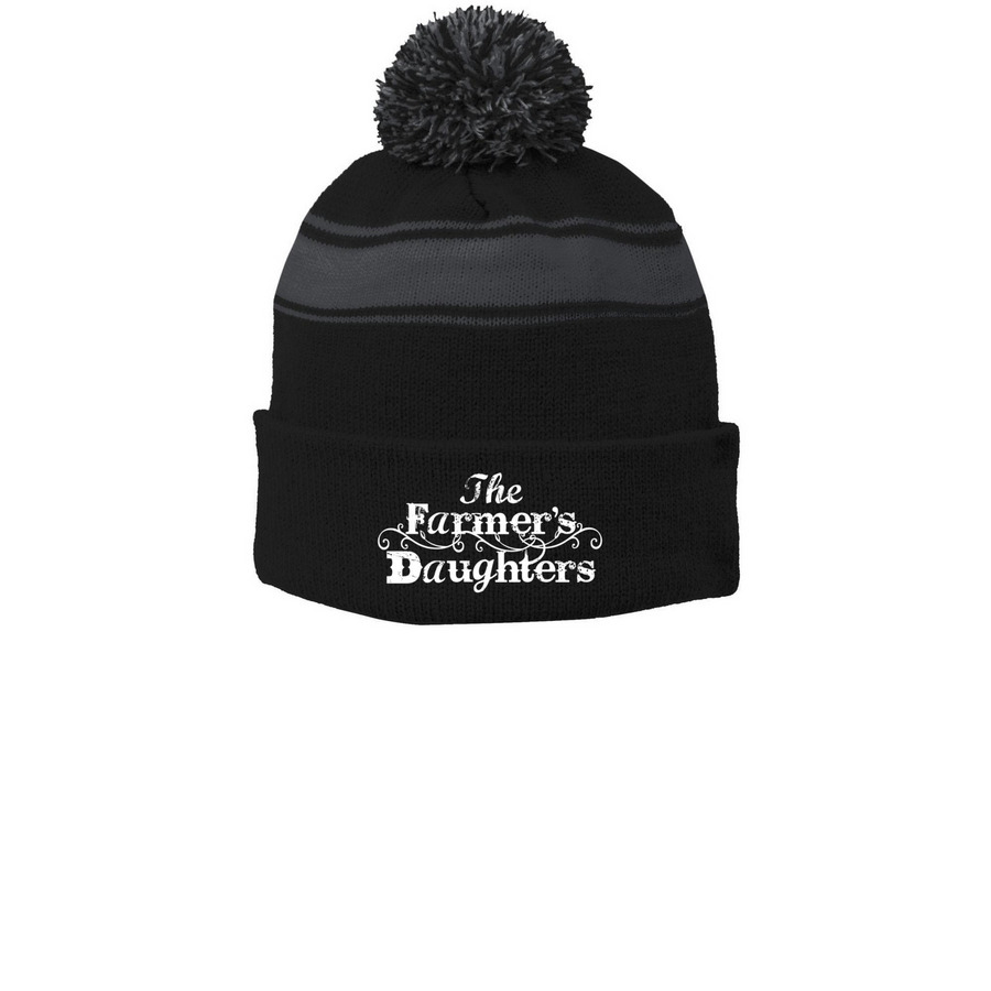 Cold Weather, Hot Merch!, a Black/ Iron Grey Printed Stripe Pom-Pom Beanie