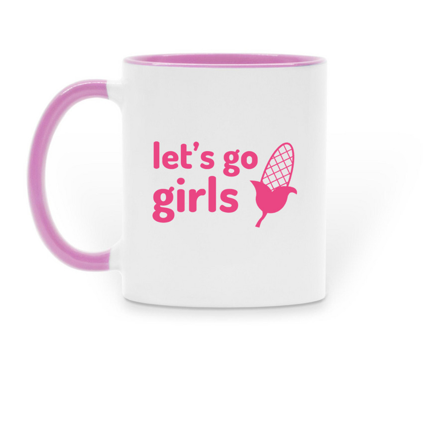 High Fructose Corn Sweat Let's Go Girls Mug, a Pink Two-Tone Ceramic Mug (back-view)
