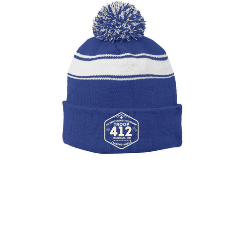 Troop 412 Beanie, a True Royal/ White Printed Stripe Pom-Pom Beanie