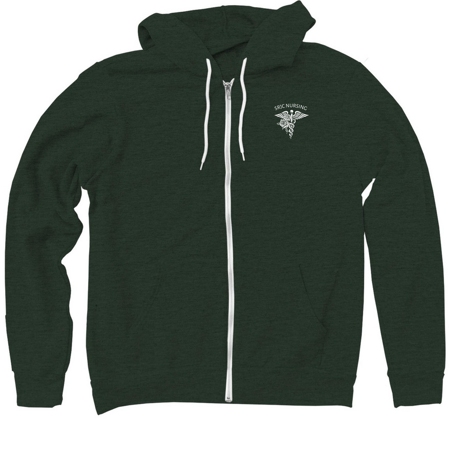 SRJC Nursing Caduceus (Front & Back), a Heather Forest Zip Up Hoodie
