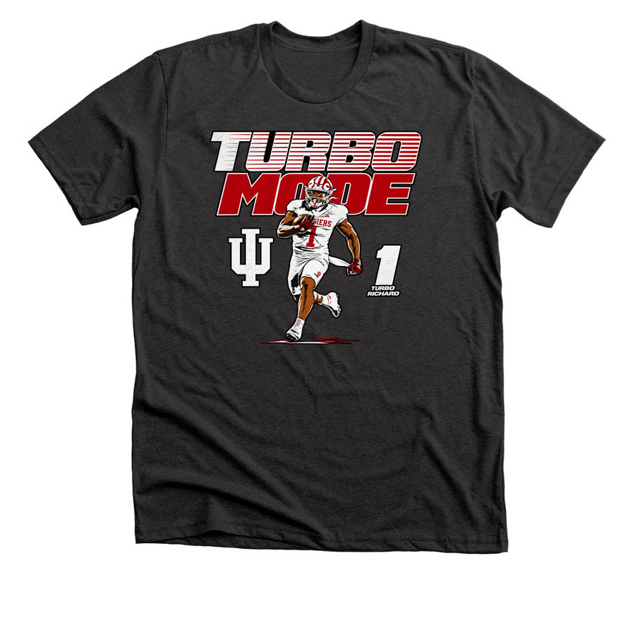 Indiana Hoosiers Football Turbo Richard Mode, a Dark Grey Heather Premium Unisex Tee