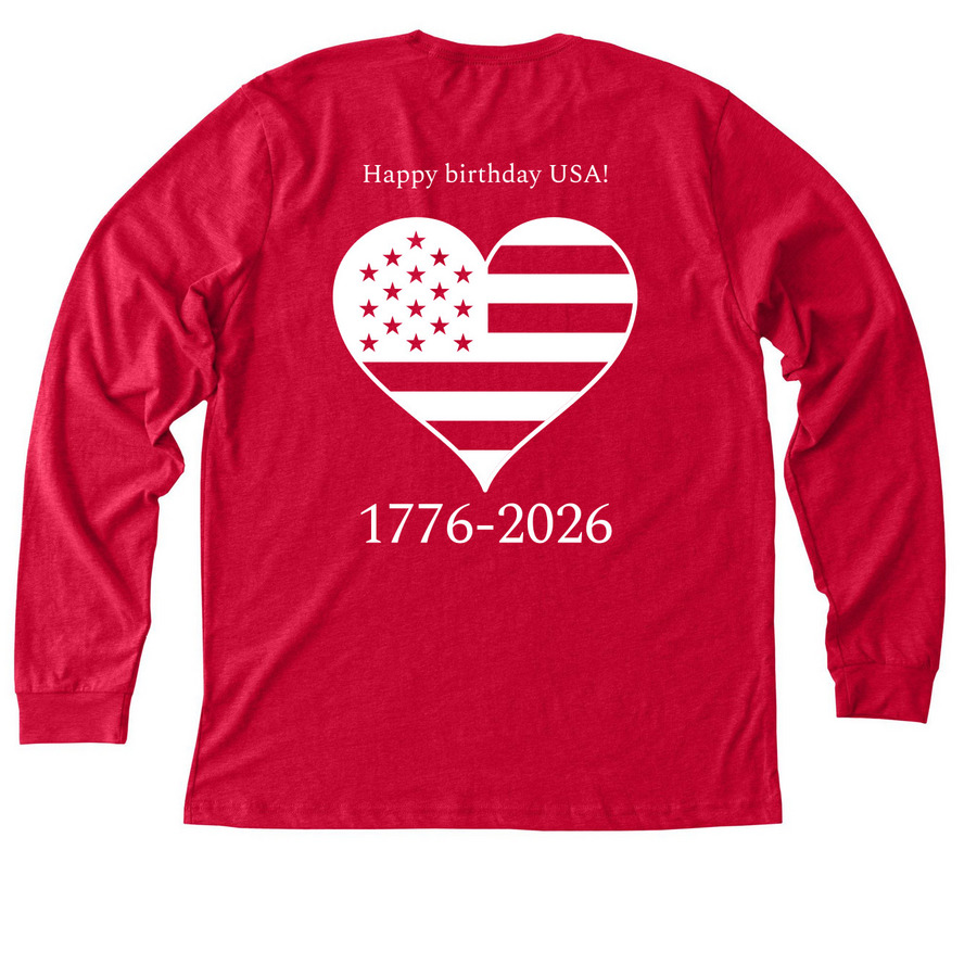 Marcus Whitman, RED shirts America 250, a Heather Red Premium Long Sleeve Tee (back-view)
